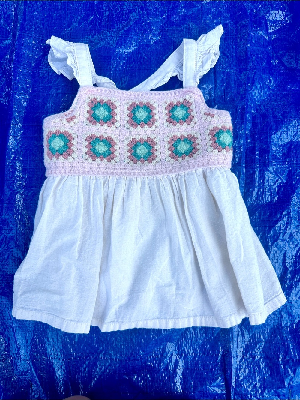 Haute Hippie White Sundress with Pink Crochet and Teal Floral Motifs 3T